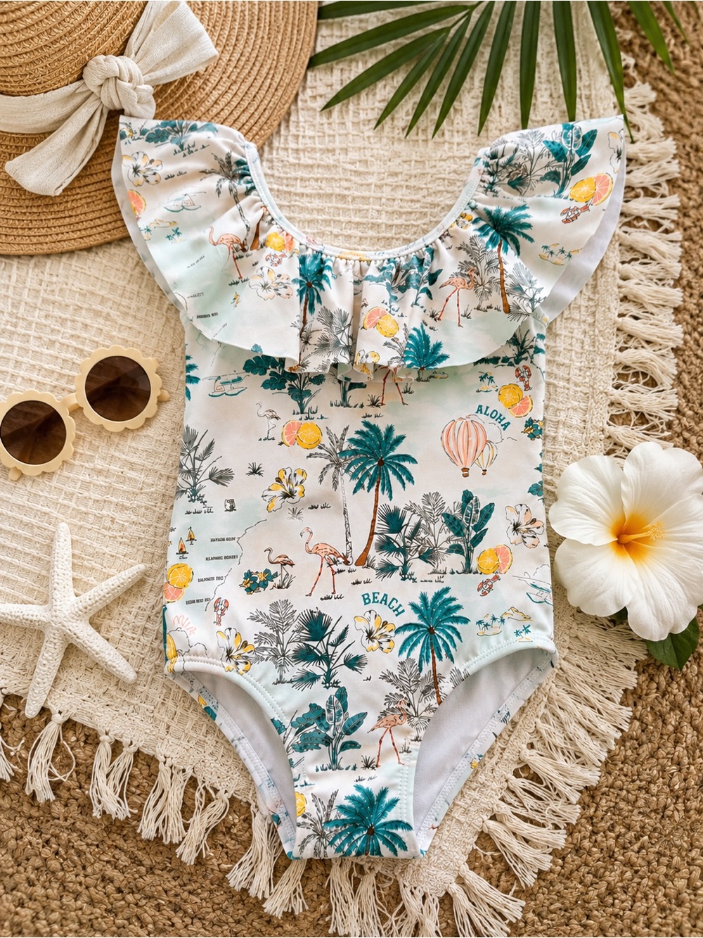 Janie and Jack Tropical Island Ruffle Swimsuit bathing suit Girls Size 3 EUC